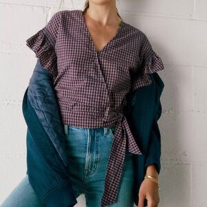 Madewell Flutter-Sleeve Side-Tie Wrap Top in Plaid Large